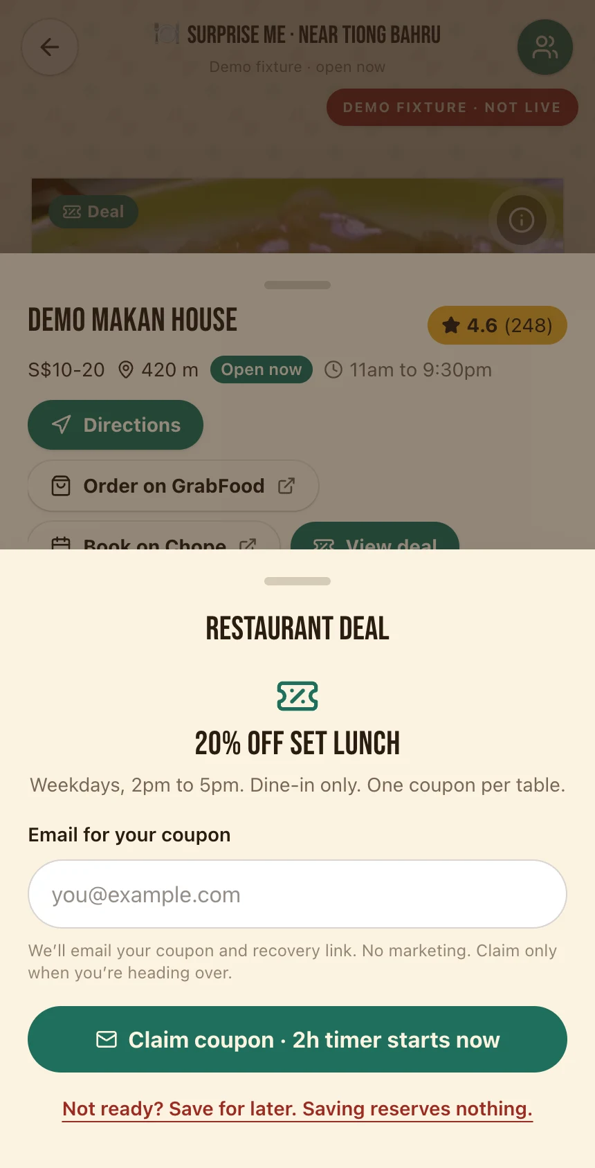 Example save or claim screen for fictional Demo Makan House